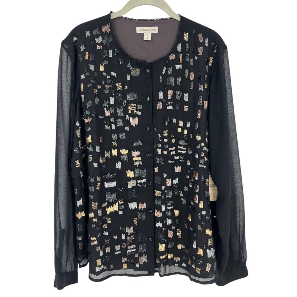 NEW Coldwater Creek Black Baroque Shimmer Blouse Gold Silver Sequin Women's XL